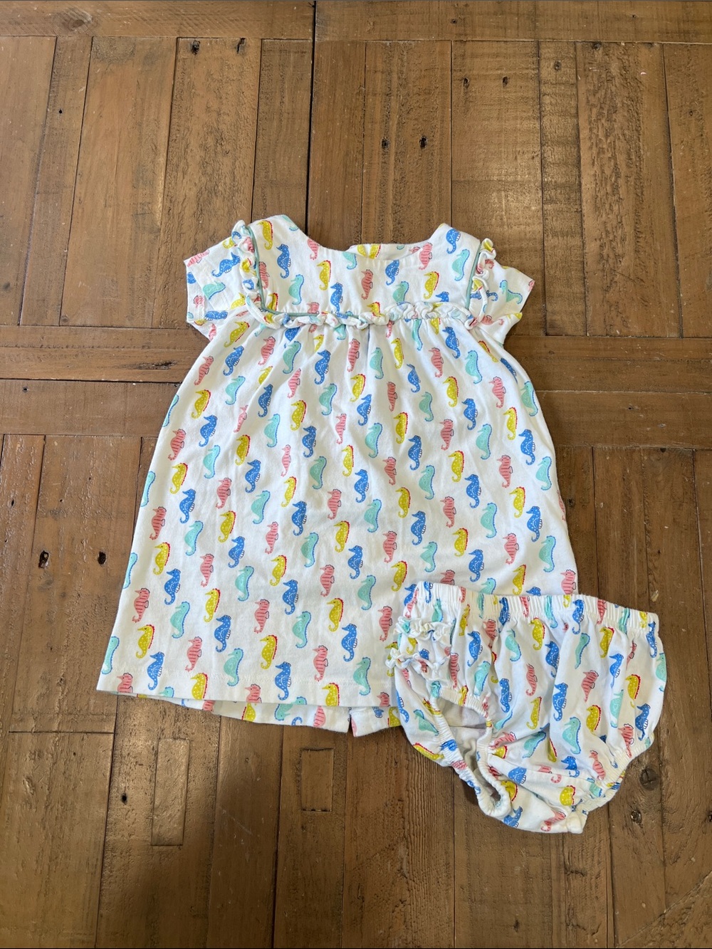 Mini Boden colorful seahorse dress and bloomers 12-18 months